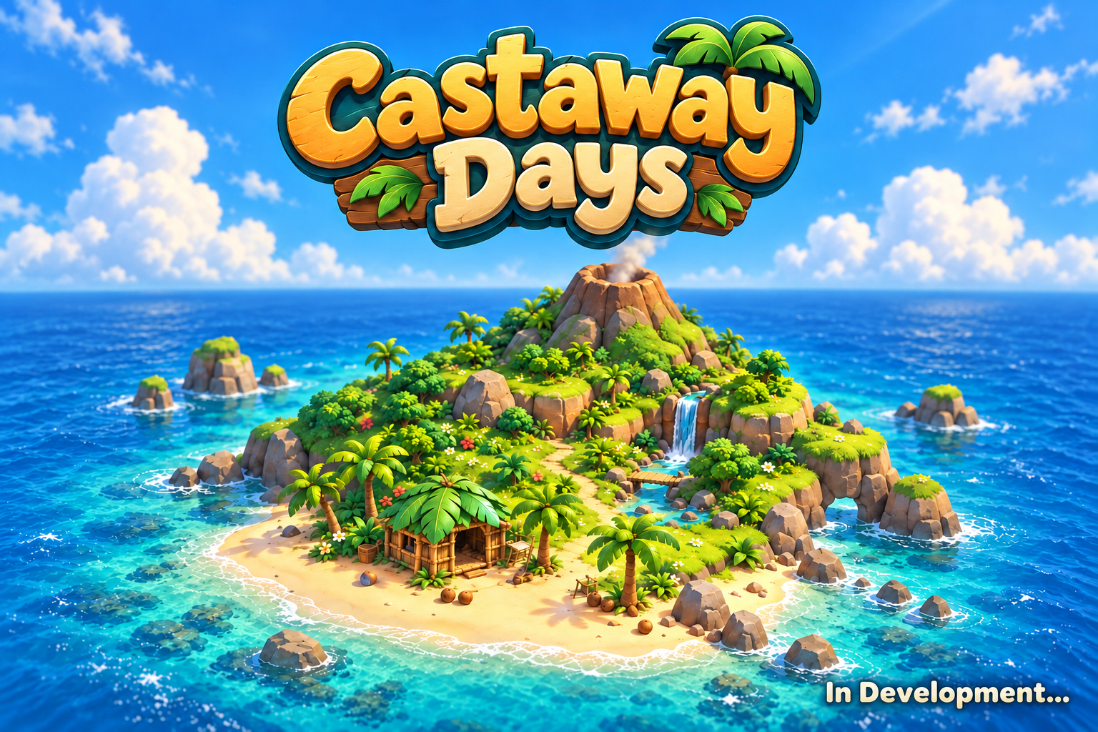 Castaway Days preview artwork: a lush tropical island with a volcano, waterfall and bamboo hut surrounded by turquoise ocean