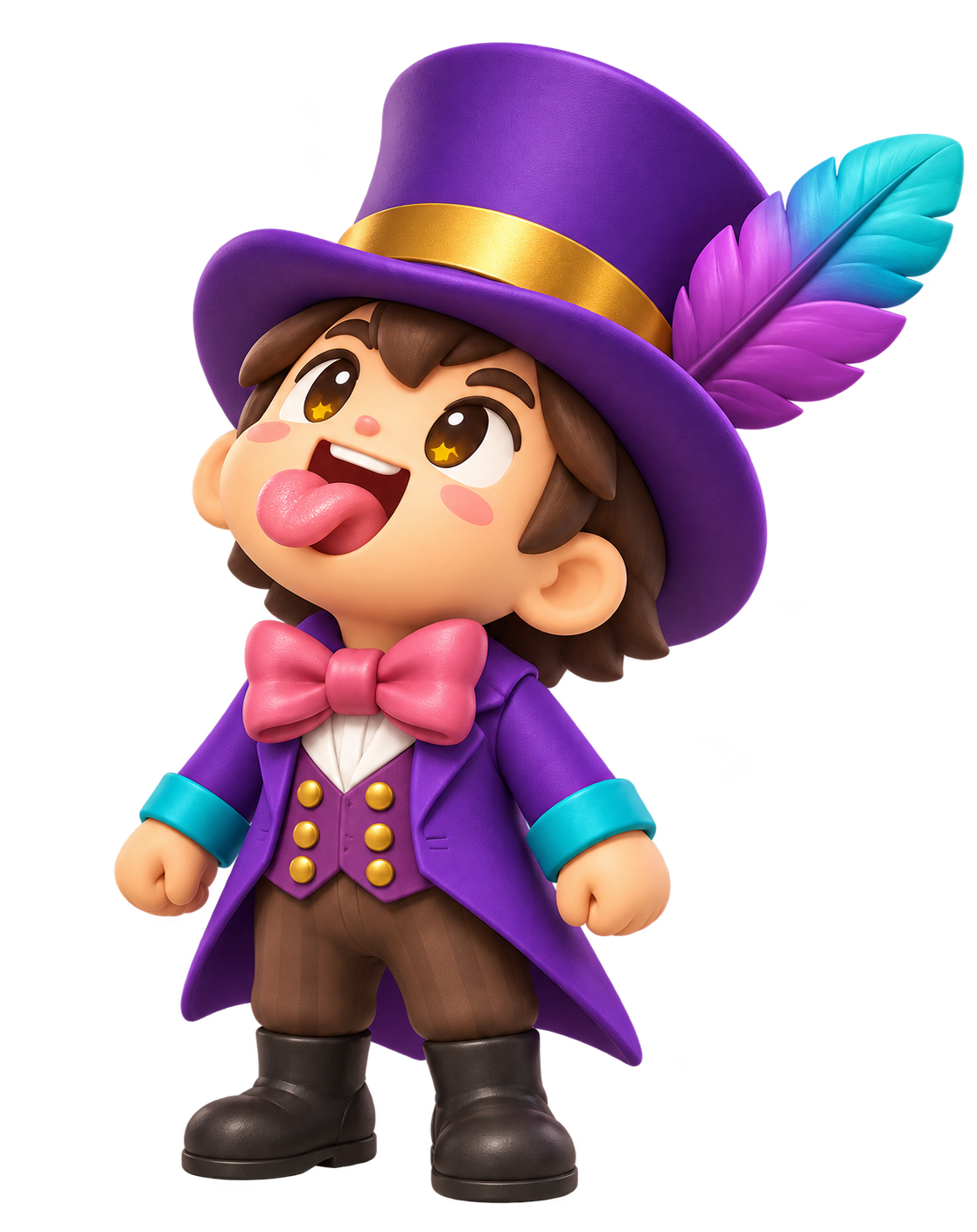 The cheerful Raindrop Catcher character wearing a purple top hat and colorful feathers