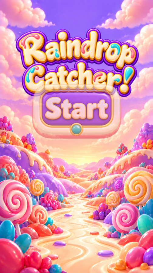 The new Raindrop Catcher main menu with a golden logo, purple sky and candy landscape