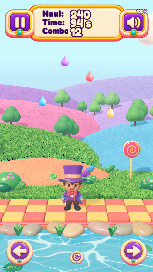 Raindrop Catcher 3D gameplay in Mundo Dulce with falling drops, pastel hills, the catcher, haul, timer and combo counter